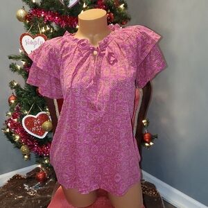 Cato Floral Off Shoulder Double Ruffle Shirt Top Blouse Medium Pink EUC